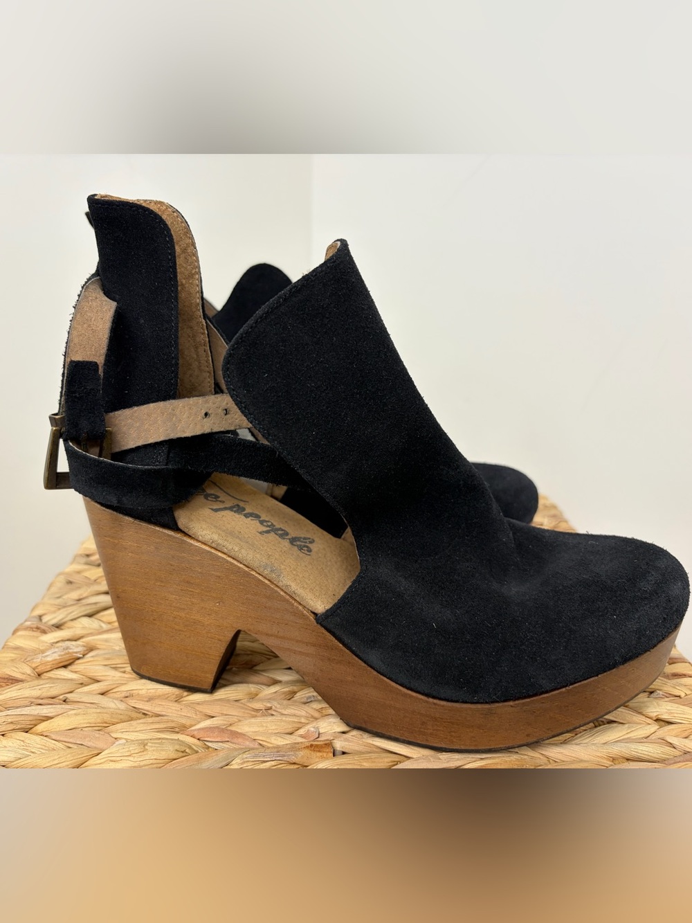 Free People Black Suede Platform Clog Sandals with Brown Wood Heel and Strap
